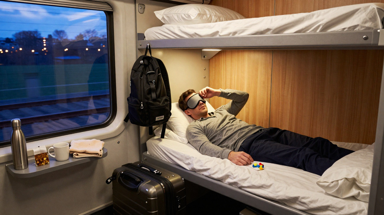 Homem deitado em cama inferior de cabine de trem, usando máscara de dormir, com mala e mochila ao lado.
