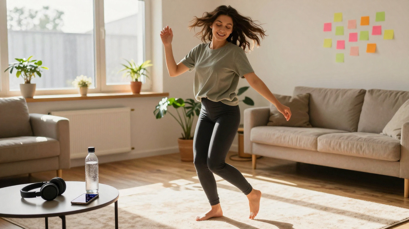 Mulher jovem dança feliz descalça em sala iluminada, com sofá, plantas e mesa com fones, garrafa e celular.
