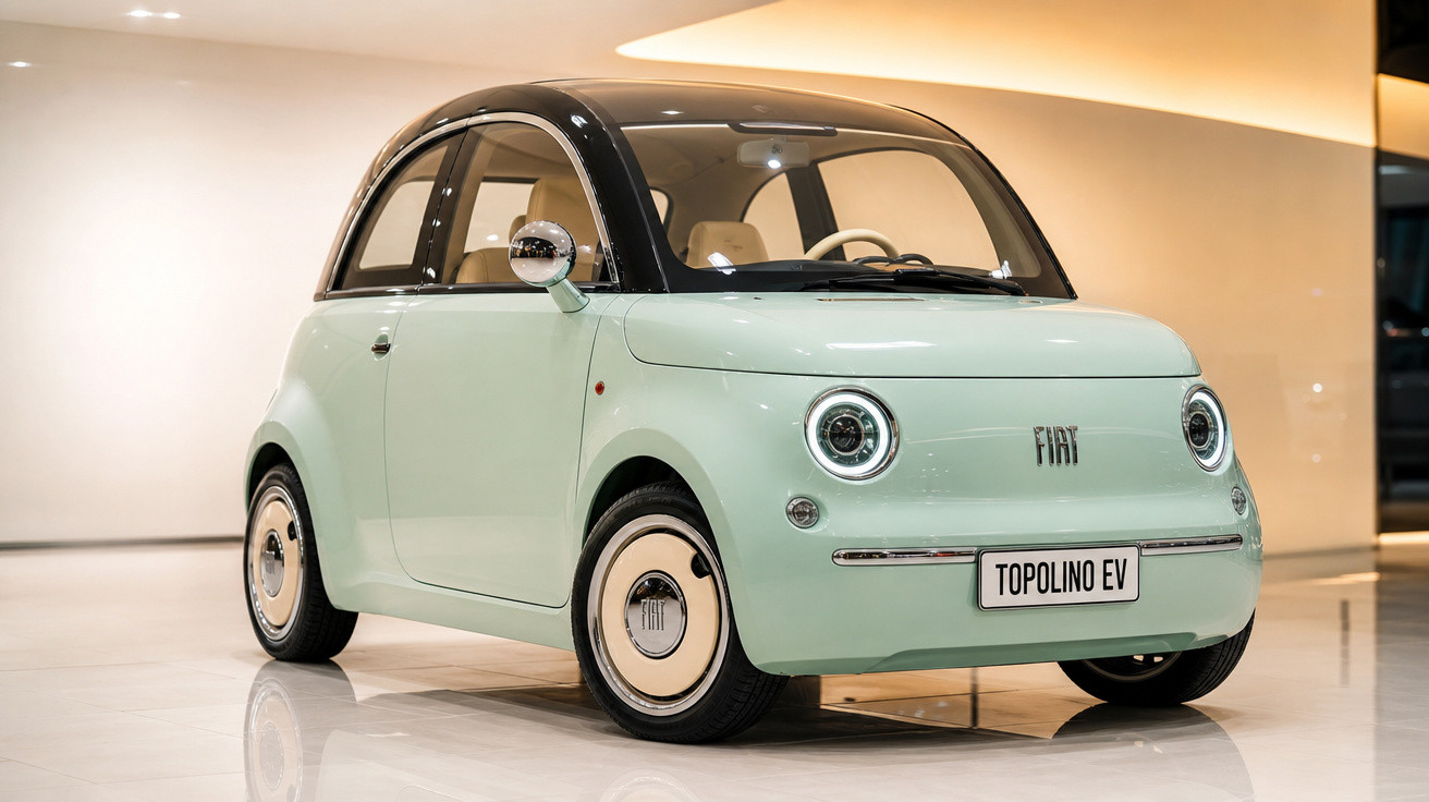 Carro elétrico Fiat Topolino EV em tom verde claro com teto preto exibido em salão iluminado.