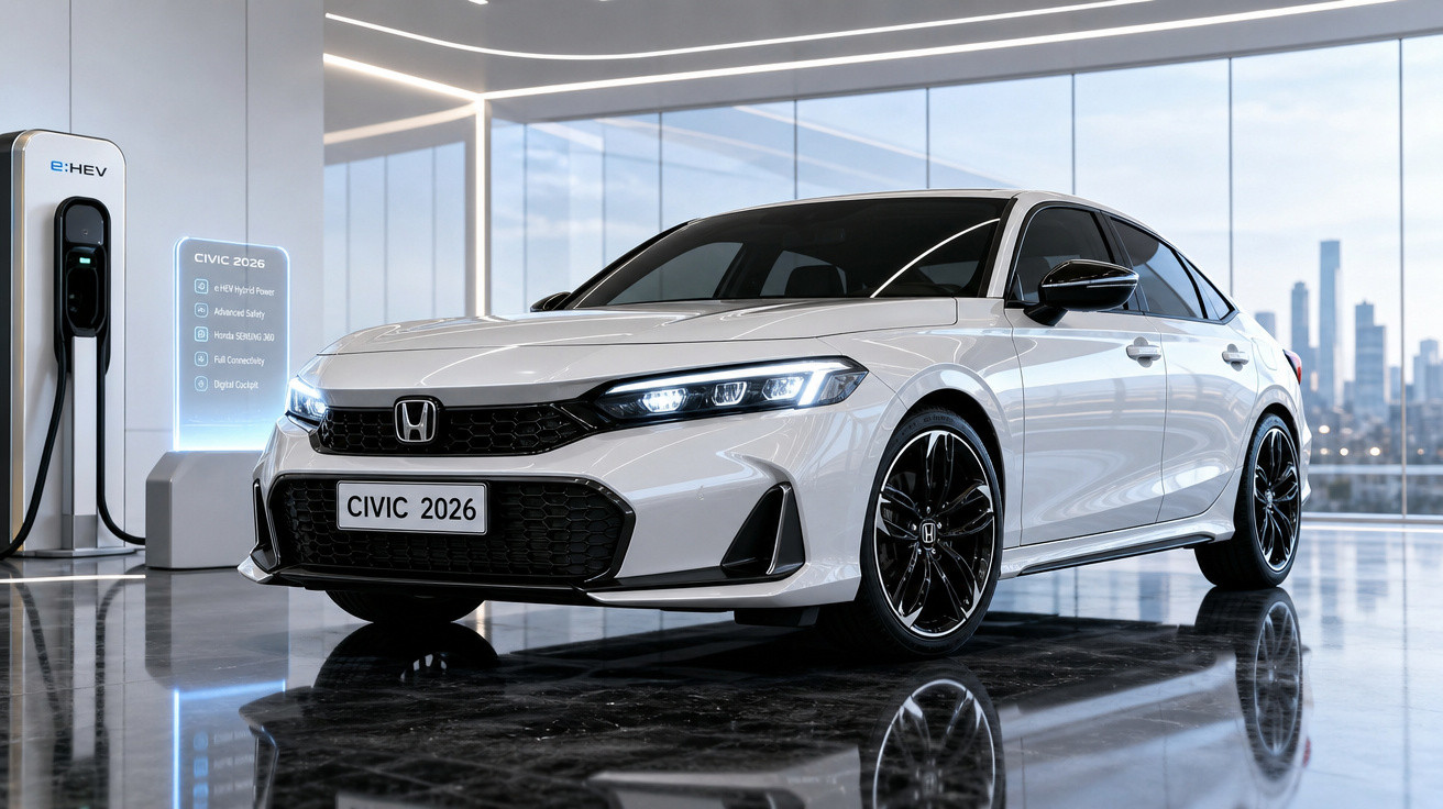 Carro branco Honda Civic 2026 elétrico parado em showroom moderno com carregador ao lado.