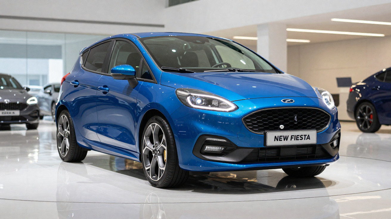 Carro hatchback azul Ford New Fiesta exibido em showroom moderno com iluminação branca.