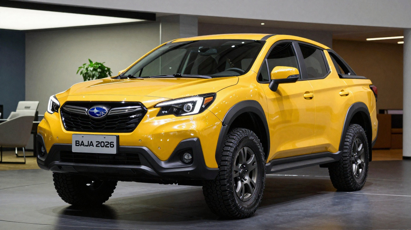 Picape amarela Subaru Baja 2026 em exposição interna, com pneus grandes e detalhes em preto.