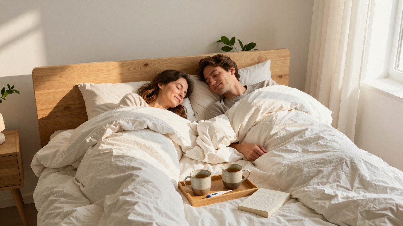 Casal dormindo abraçado na cama com cobertores brancos, xícaras de café e livro sobre a cama.