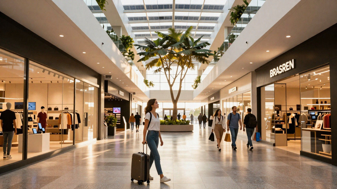 Interior de shopping com lojas, iluminação natural e pessoas caminhando com malas e sacolas.