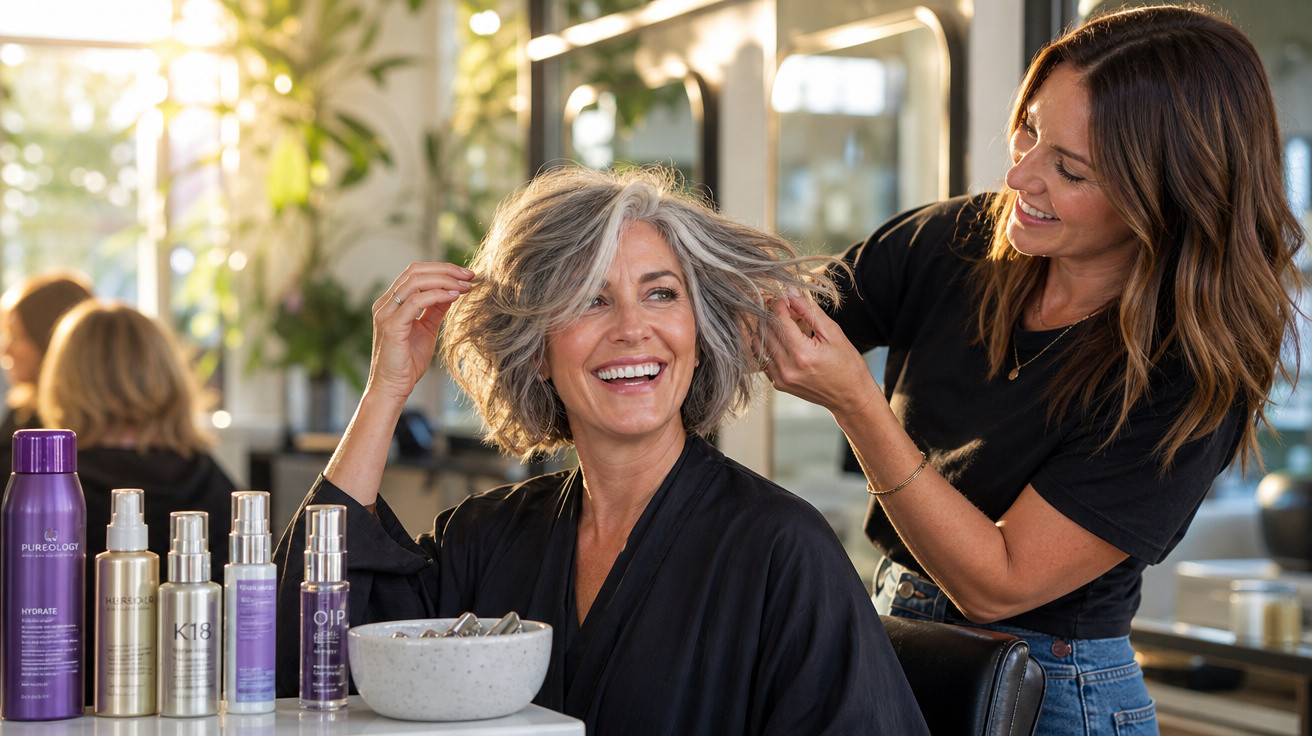 Mulher de cabelos grisalhos sorrindo enquanto cabeleireira arruma seu cabelo em salão moderno.