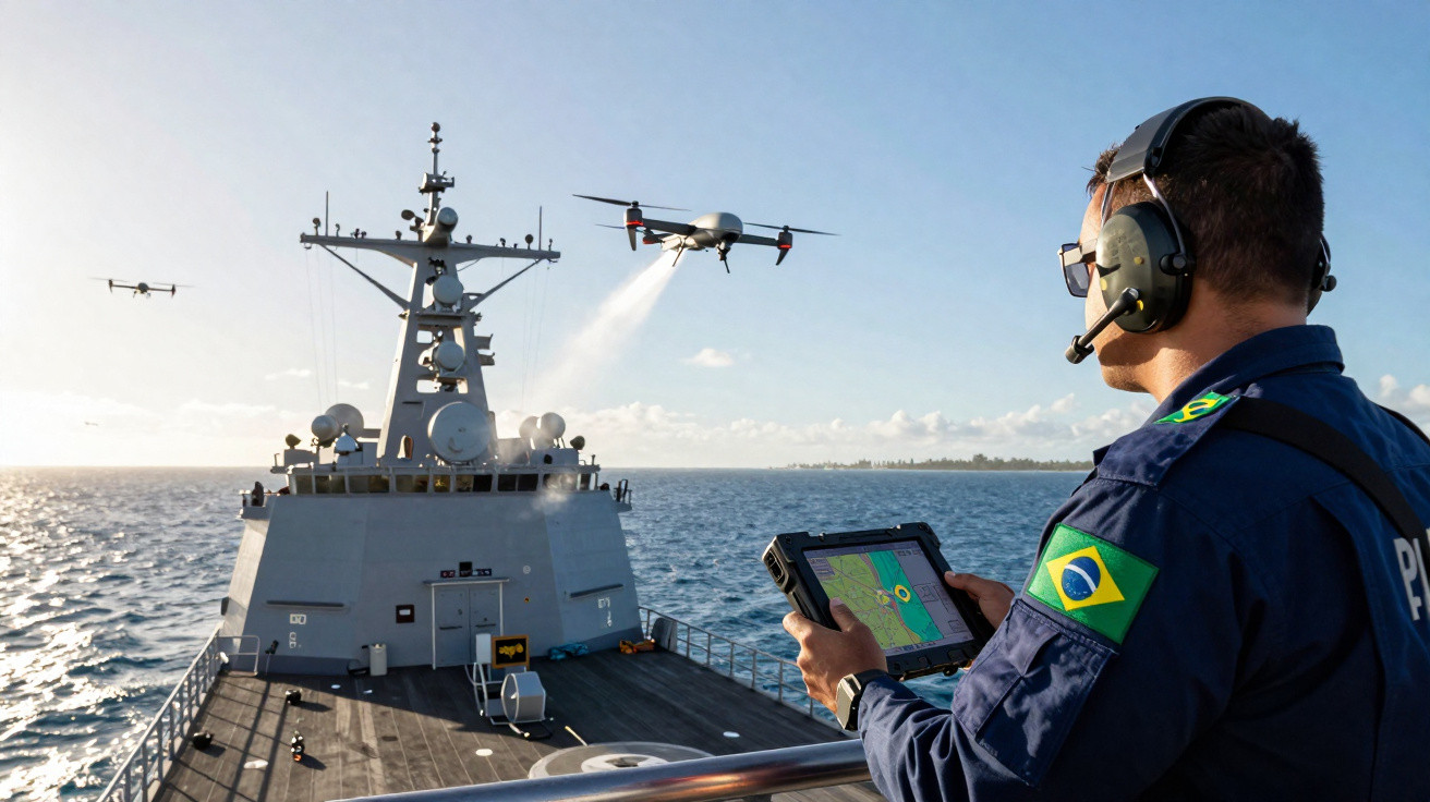 Marinheiro brasileiro controla drones em navio da frota naval no mar com tablet e headset.