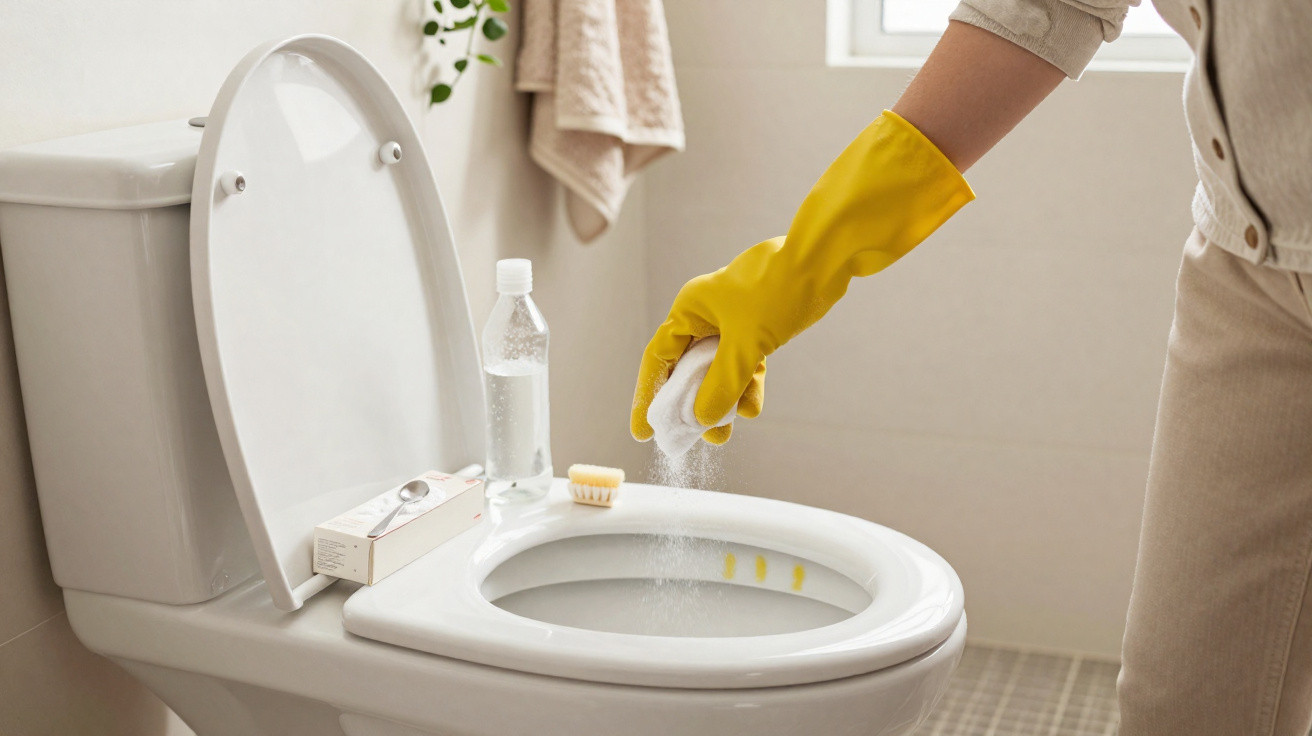 Pessoa com luva amarela aplicando produto de limpeza no assento de vaso sanitário branco em banheiro.
