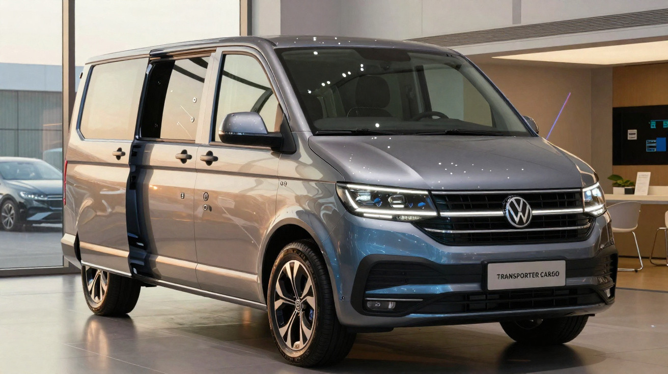 Van Volkswagen Transporter Cargo cinza estacionada em showroom com porta lateral aberta.