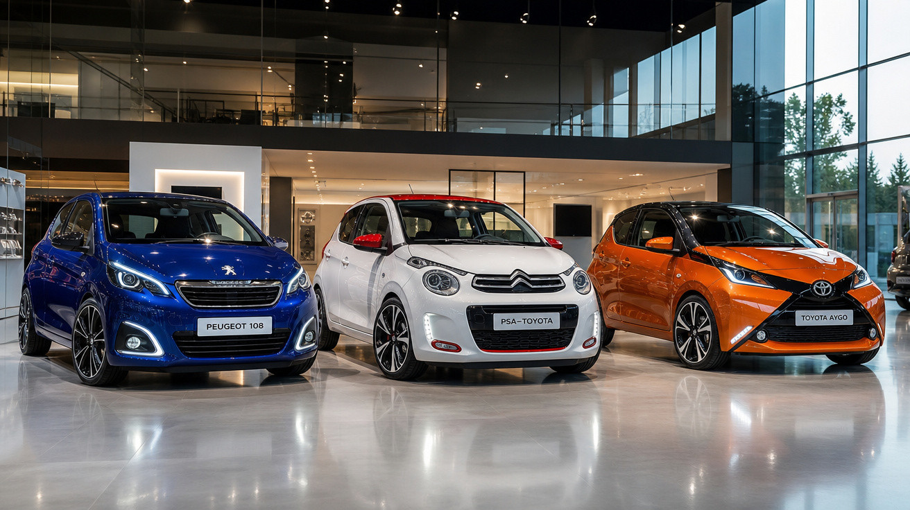 Três carros compactos em exposição: Peugeot 108 azul, PSA-Toyota branco e Toyota Aygo laranja.
