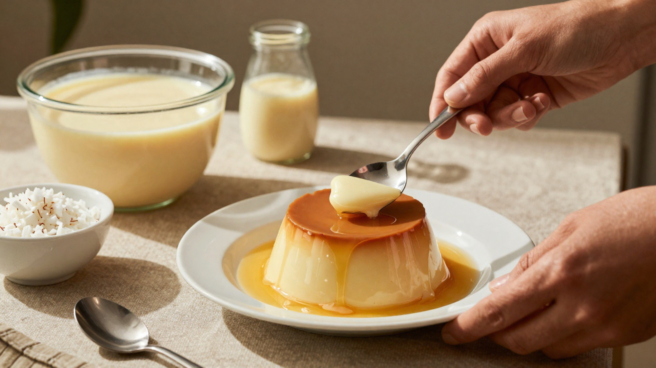 Pudim com calda, mãos segurando prato e colher, ao fundo tigela com creme e garrafa pequena.