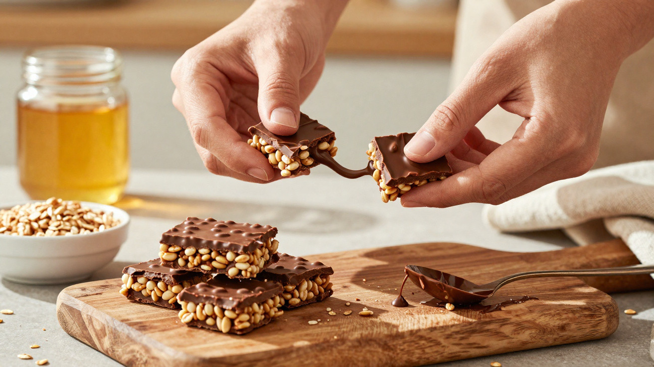 Barra de chocolate com cereal crocante sendo quebrada com as mãos sobre tábua de madeira.