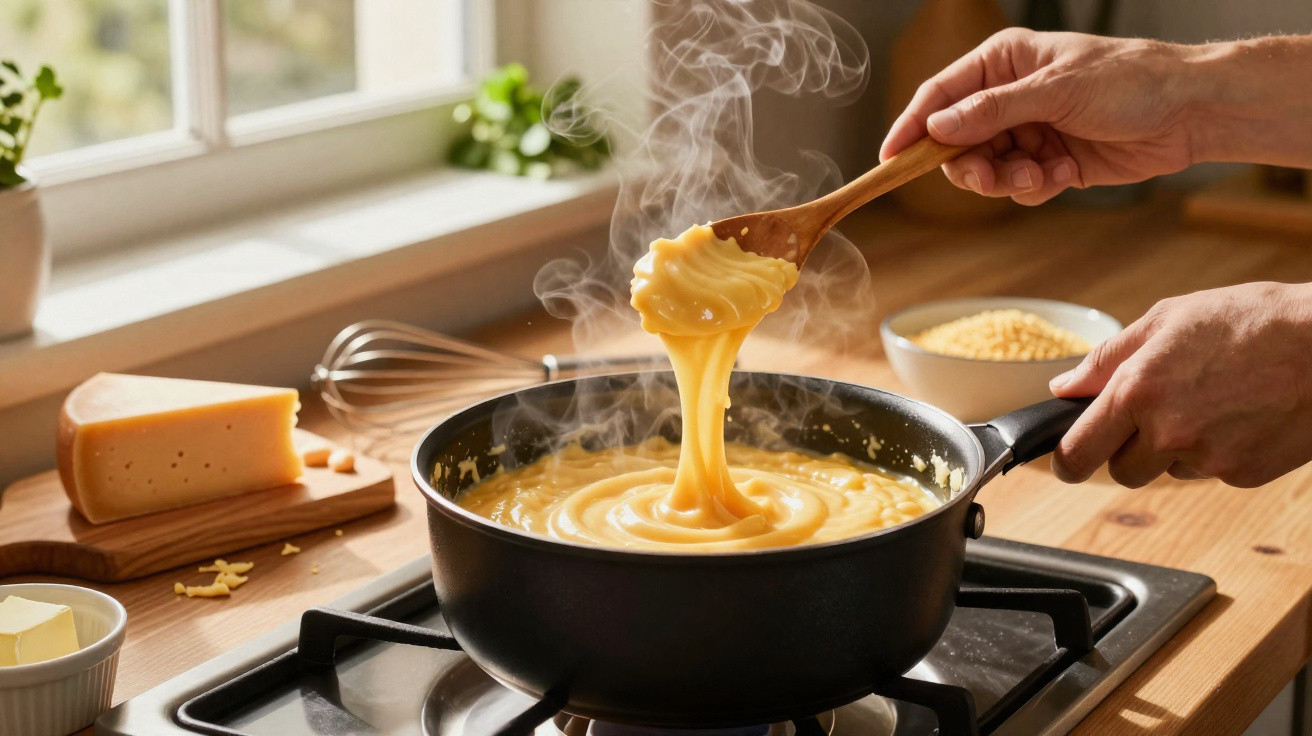 Mãos mexendo polenta cremosa quente em panela no fogão, com queijo e manteiga em bancada de madeira.