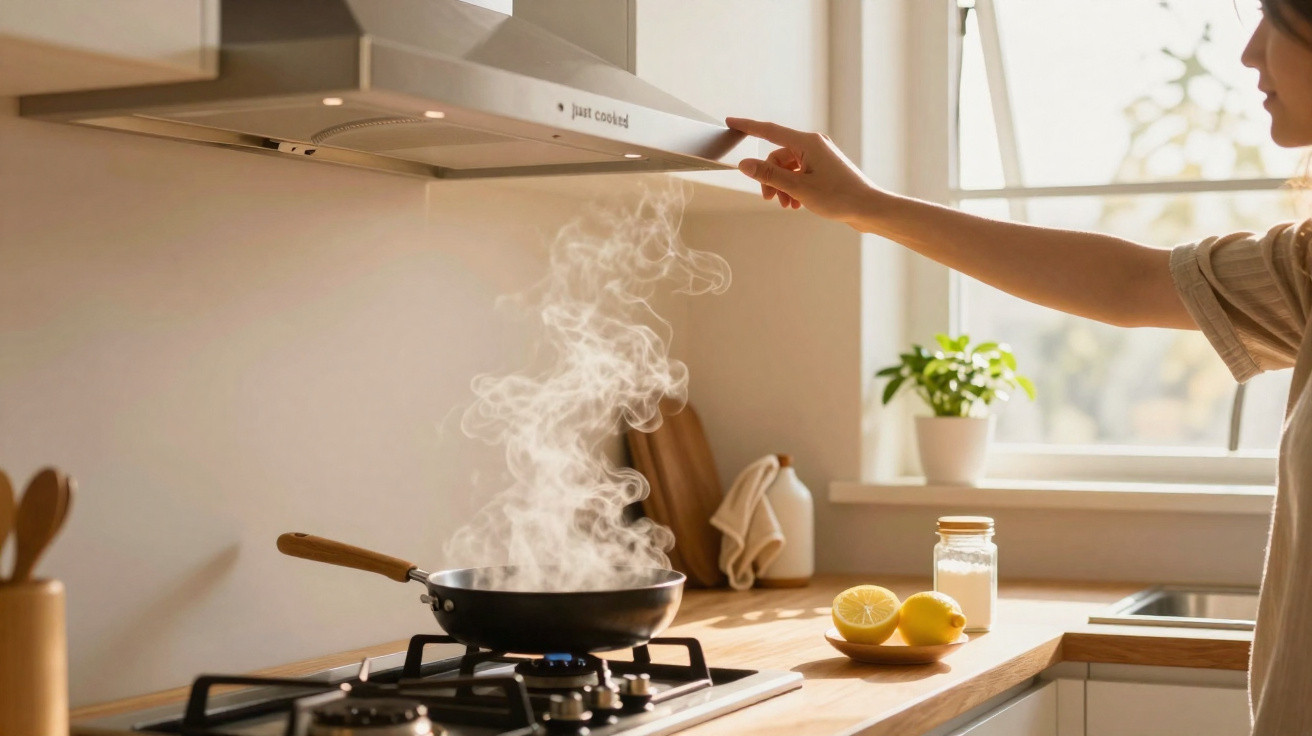 Pessoa acionando coifa enquanto uma panela quente com vapor cozinha no fogão em cozinha iluminada.