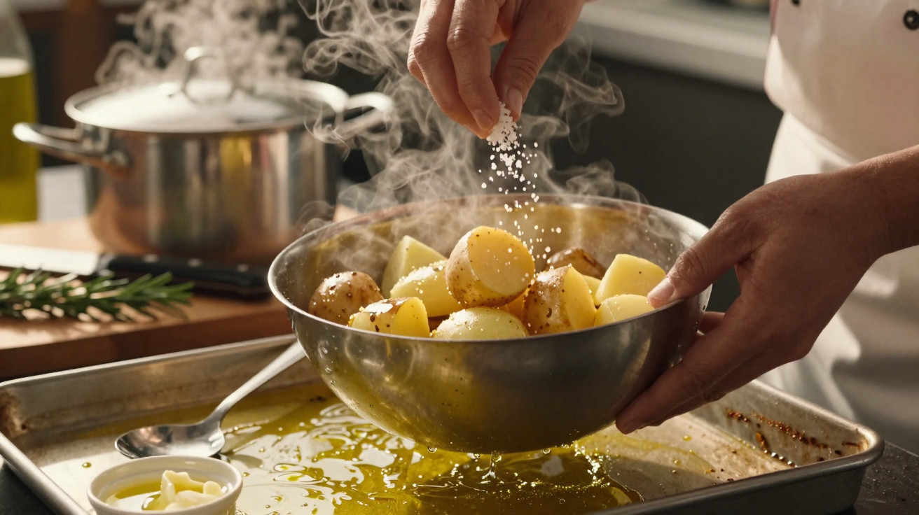 Mãos temperando batatas cortadas em uma tigela de metal, com vapor e azeite em assadeira.