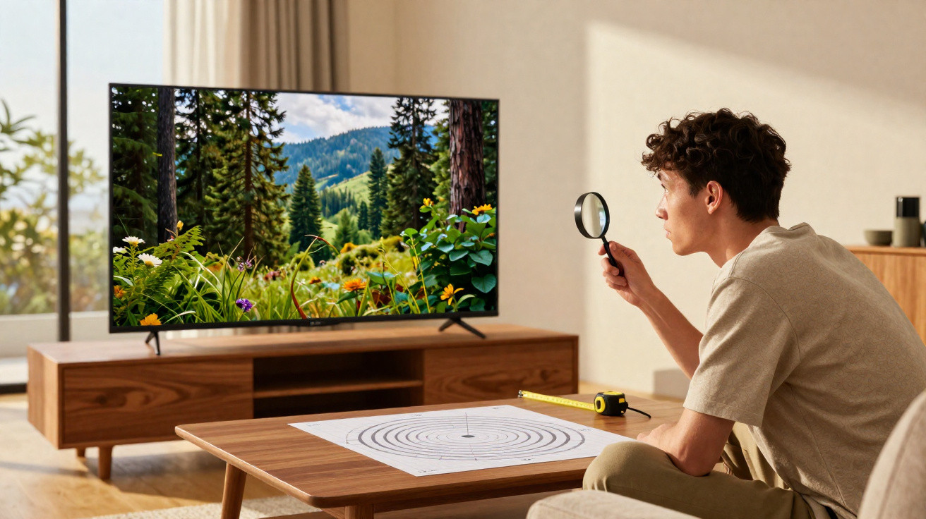 Homem usando lupa olhando para a TV que exibe paisagem de floresta no ambiente de sala.