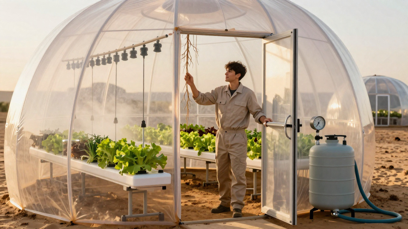 Homem em macacão na entrada de estufa transparente com plantas crescendo em ambiente desértico ao pôr do sol.