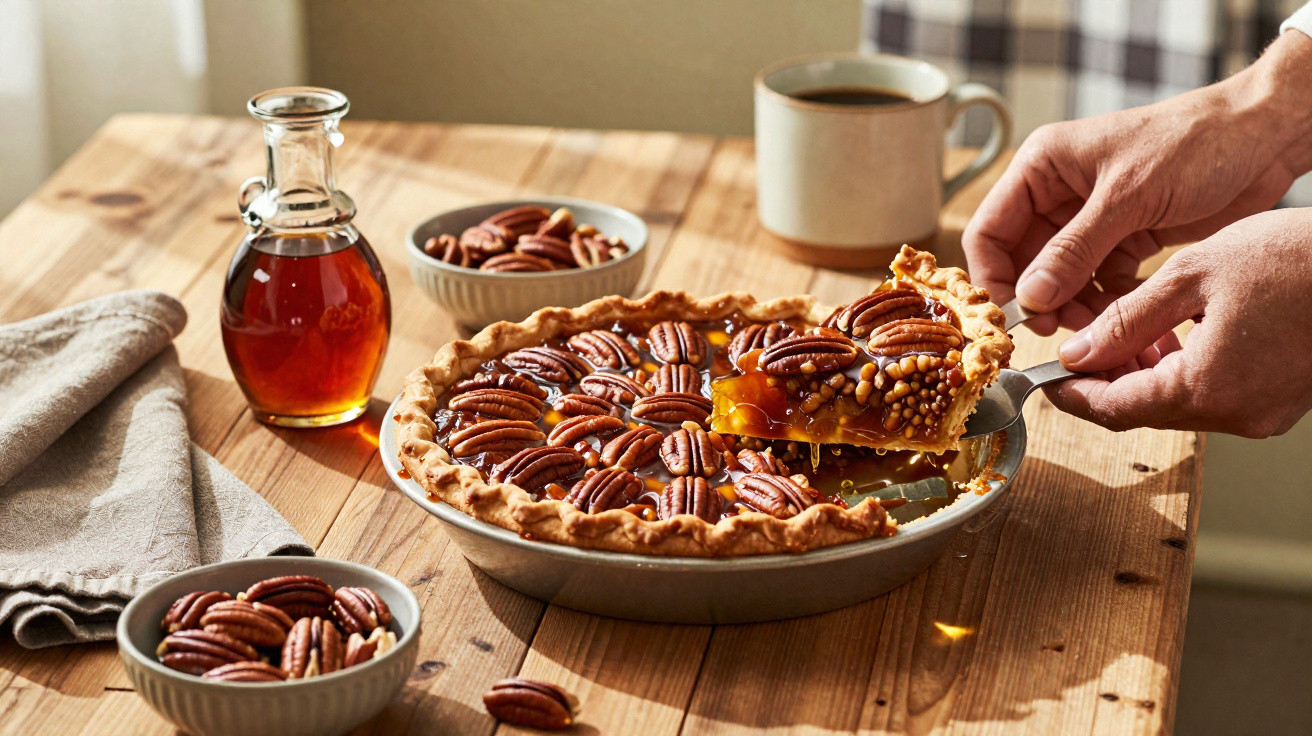 Torta de nozes pecan com xarope, duas tigelas com nozes e caneca de café em mesa de madeira.