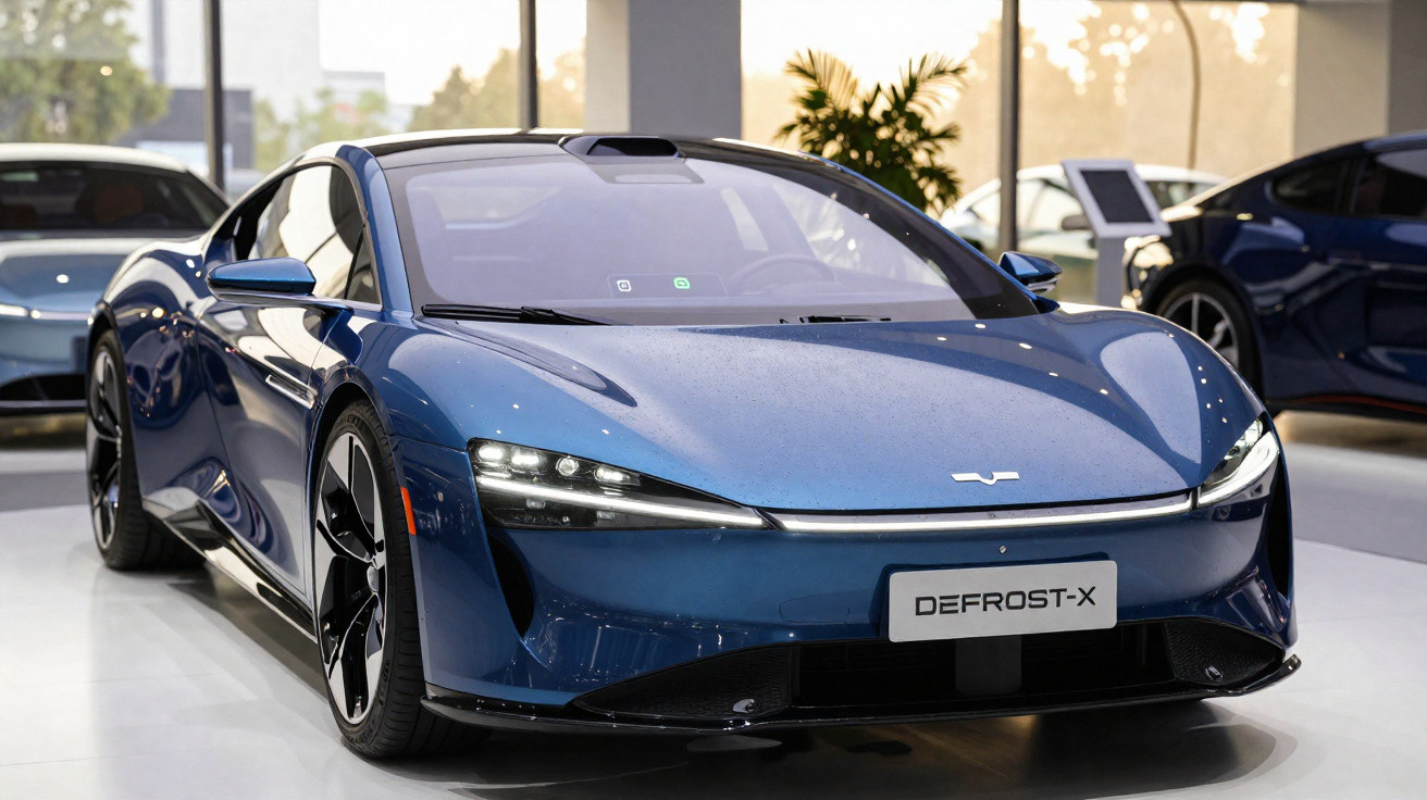 Carro esportivo elétrico azul modelo Defrost-X exposto em salão iluminado.