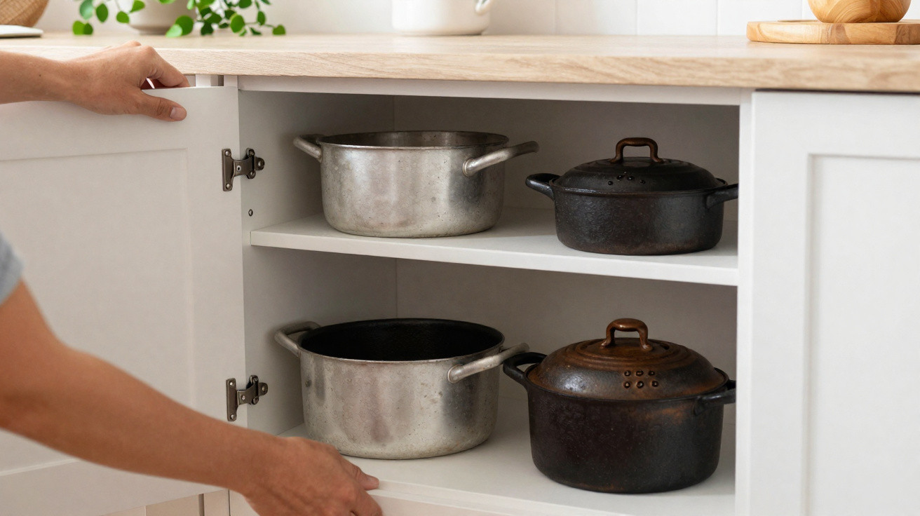 Armário branco de cozinha aberto com panelas de metal e ferro fundido nas prateleiras.