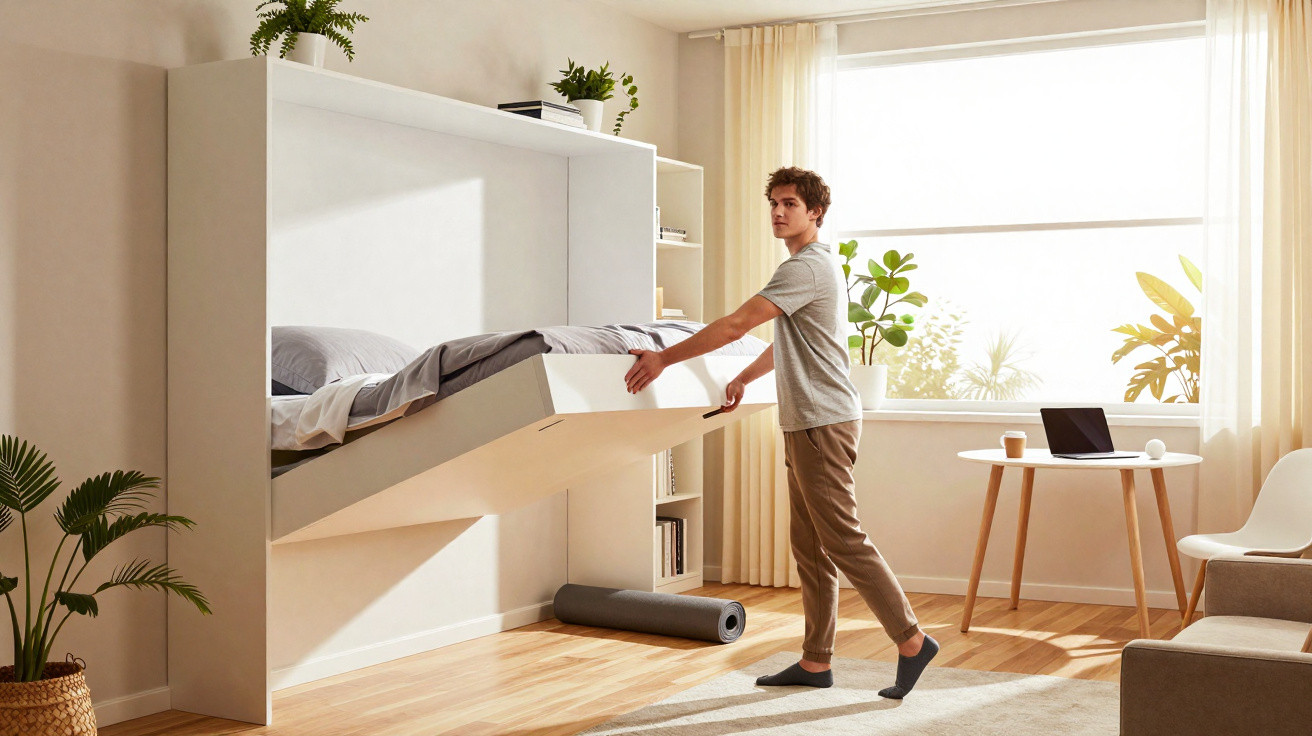 Homem fechando cama retrátil em quarto moderno com decoração clara e plantas naturais.