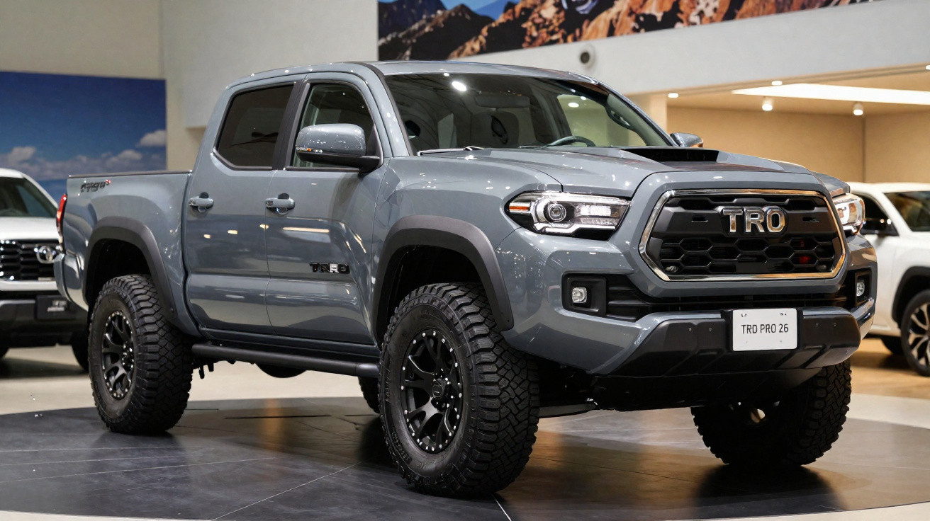 Picape cinza Toyota TRD Pro 26 exibida em salão com pneus off-road e design robusto.