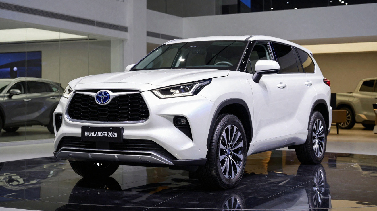SUV Toyota Highlander 2026 branco em exibição em showroom com piso espelhado.