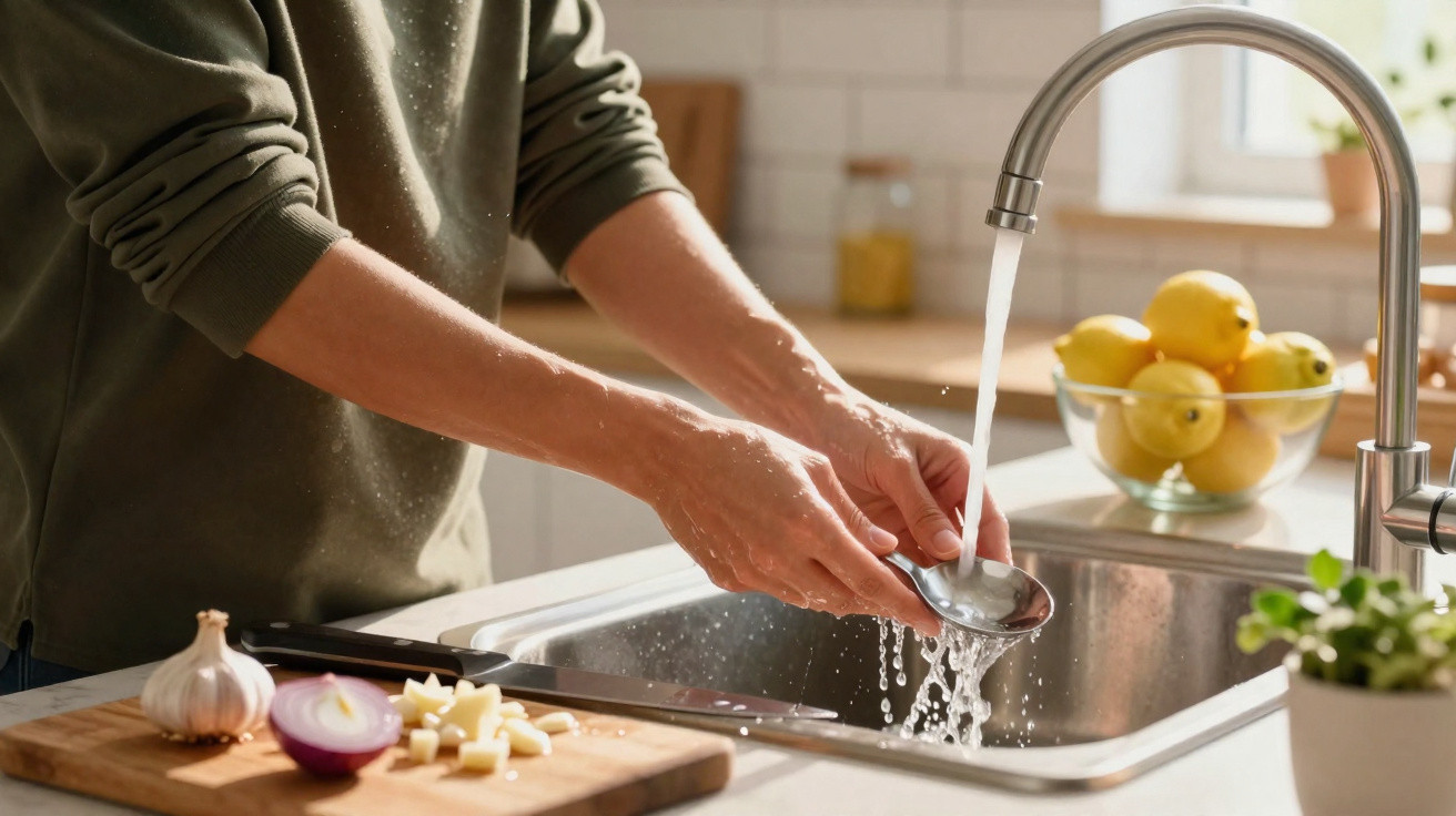 Pessoa lavando dentes de alho na pia da cozinha com legumes e frutas ao redor.