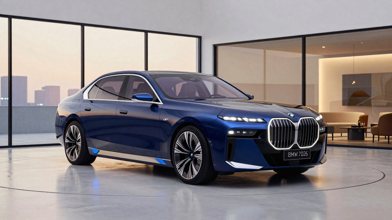 BMW 7 Series azul estacionado em ambiente moderno com grande parede de vidro ao fundo.