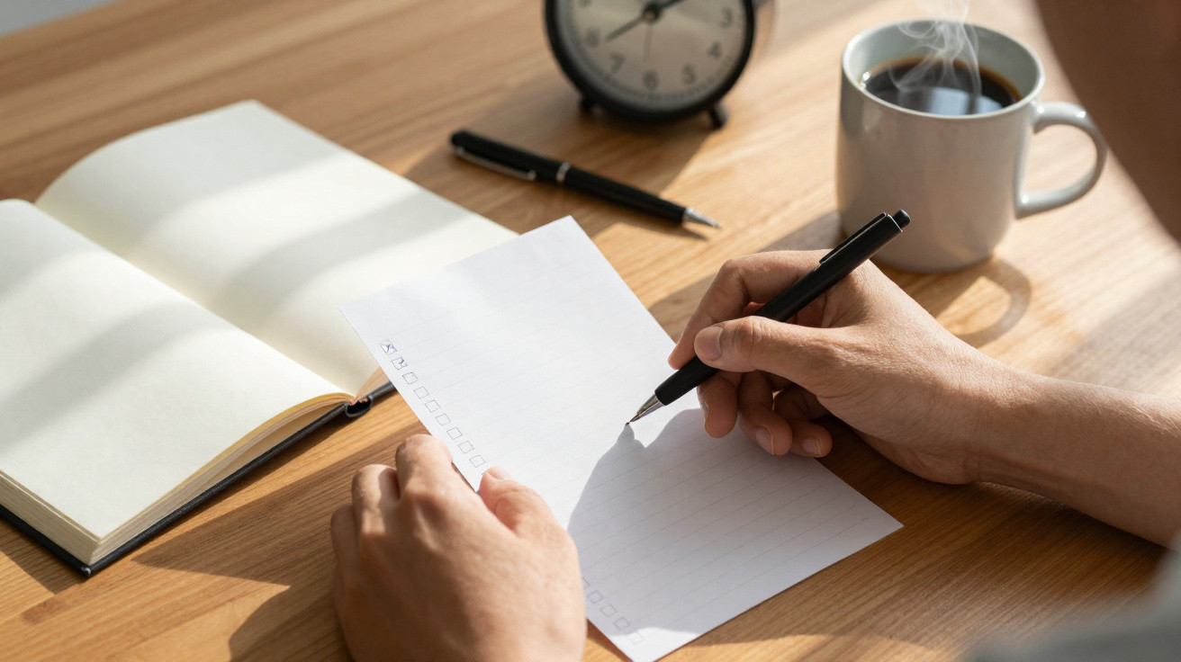 Mãos escrevendo lista de tarefas em papel, com caneta, caderno, relógio e xícara de café na mesa de madeira.