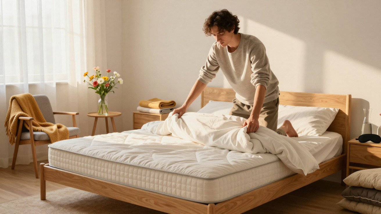 Homem arrumando a cama em quarto iluminado com móveis de madeira e vaso de flores sobre mesa pequena.