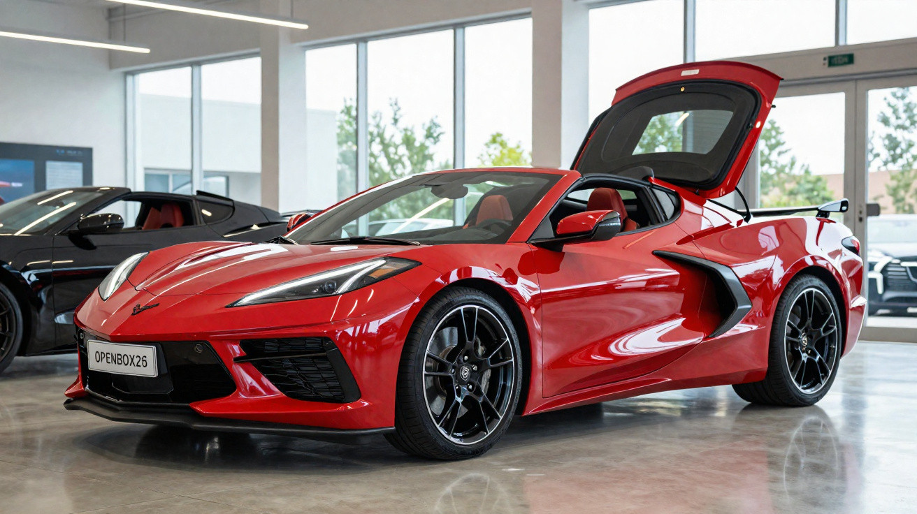 Carro esportivo vermelho com teto aberto em showroom iluminado, ao lado de carro preto.