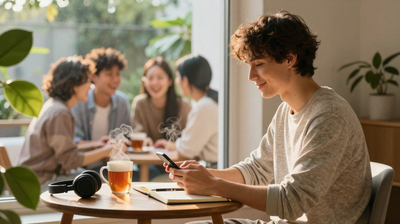 Jovem sentado em mesa de café com celular na mão, chá quente, fones de ouvido e caderno, grupo ao fundo conversando.