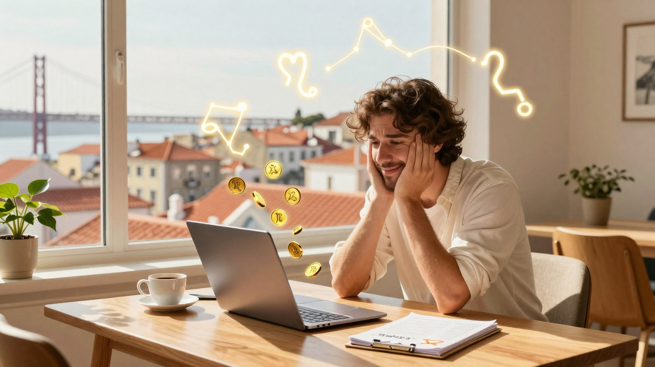 Homem sorrindo em frente a laptop com moedas e signos zodiacais flutuando em escritório iluminado.