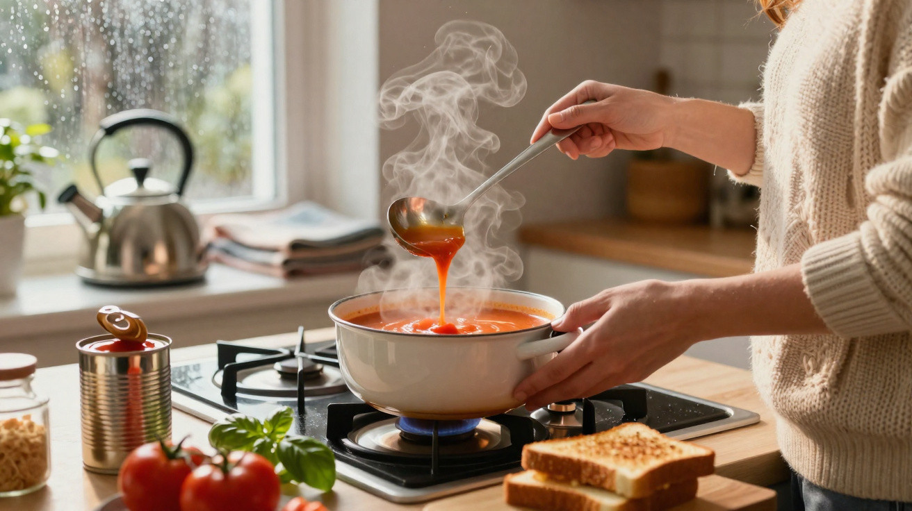 Pessoa mexendo sopa de tomate quente na panela no fogão em cozinha iluminada pela janela.