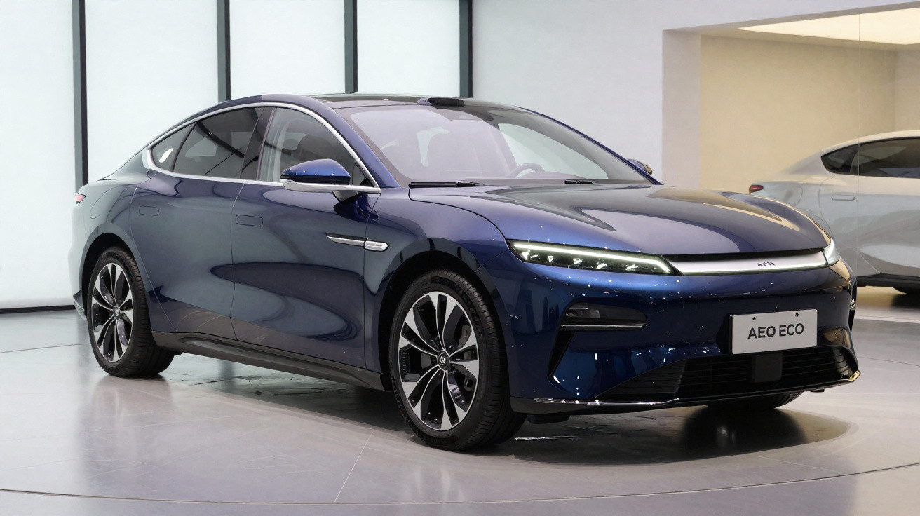 Carro elétrico azul Aeo Eco exibido em ambiente interno com design moderno e rodas esportivas.