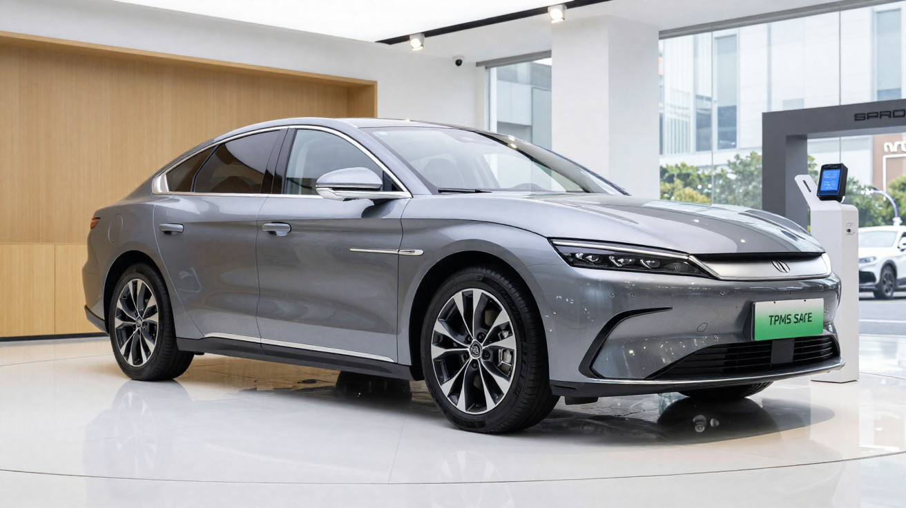 Carro cinza moderno exibido em showroom com piso branco e parede de madeira ao fundo.