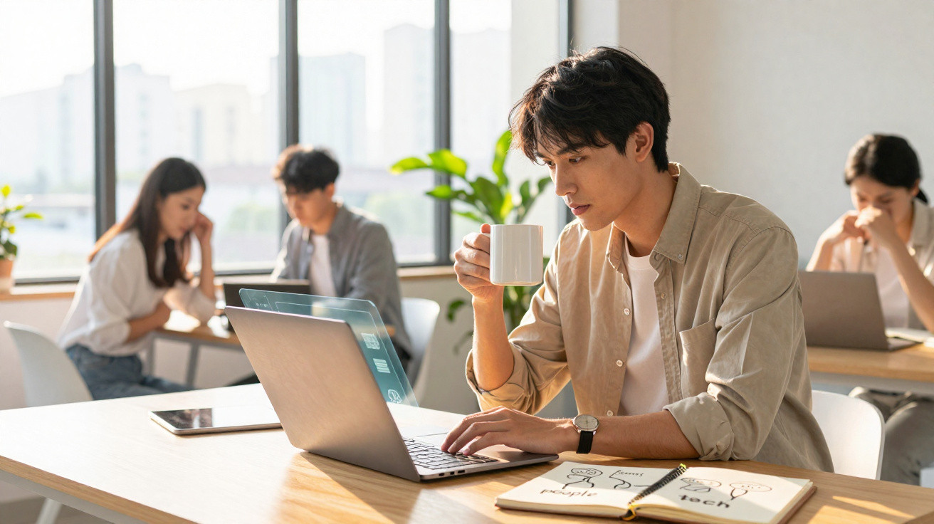 Jovem trabalhando em laptop enquanto toma café em escritório moderno com colegas ao fundo.