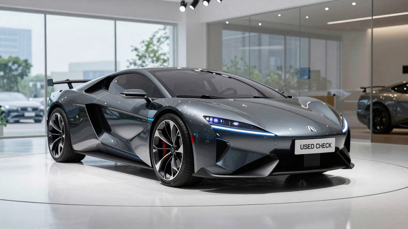 Carro esportivo cinza metálico exibido em showroom moderno com luzes LED acesas.