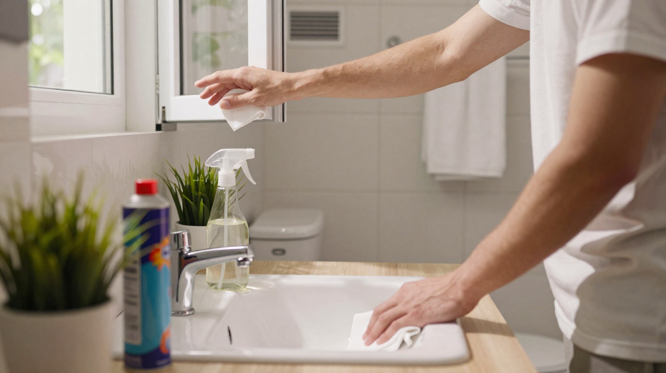 Pessoa limpando a pia do banheiro com pano branco e frasco de spray ao lado.