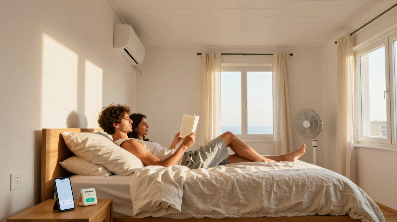 Casal relaxa na cama de quarto iluminado, com smartphone, ventilador e ar-condicionado nas paredes.