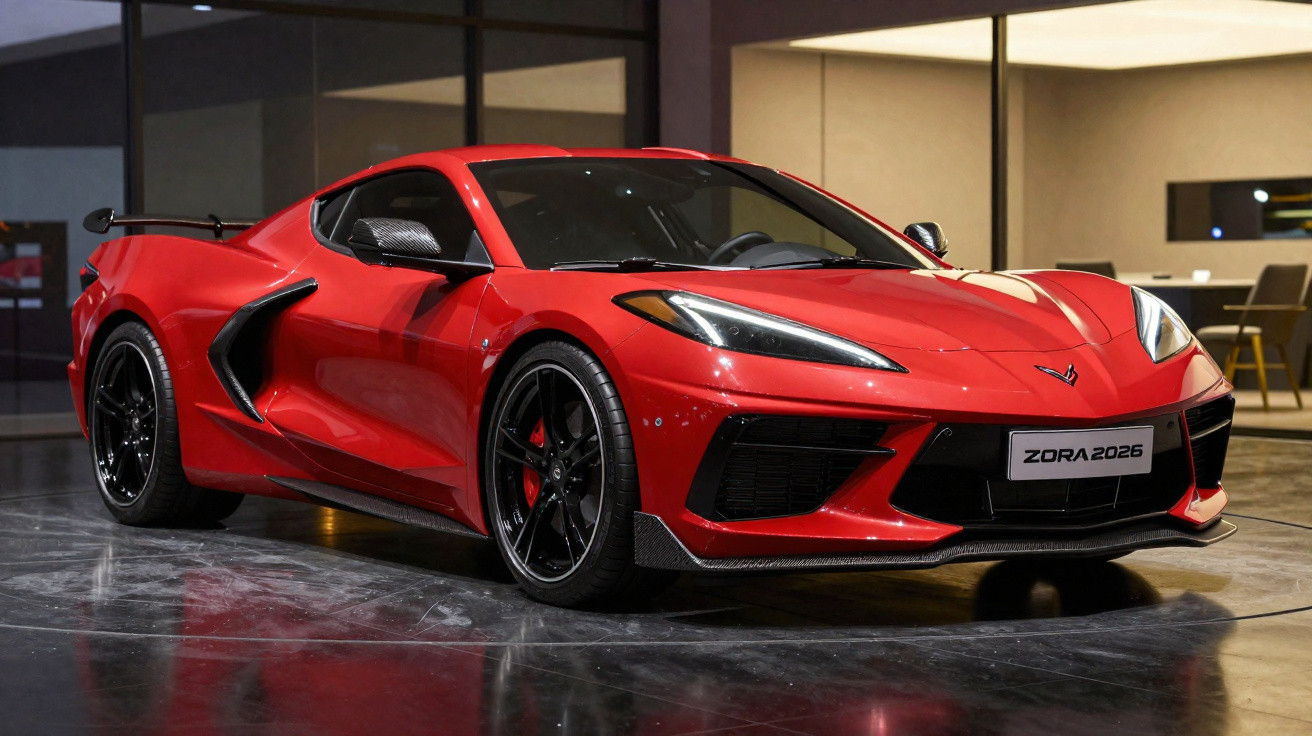 Carro esportivo vermelho estacionado em garagem moderna com teto e cadeiras ao fundo.