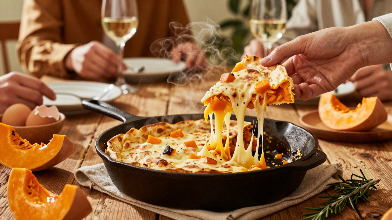 Pessoa pegando fatia de pizza de abóbora com queijo derretido em frigideira de ferro fundido sobre mesa de madeira.