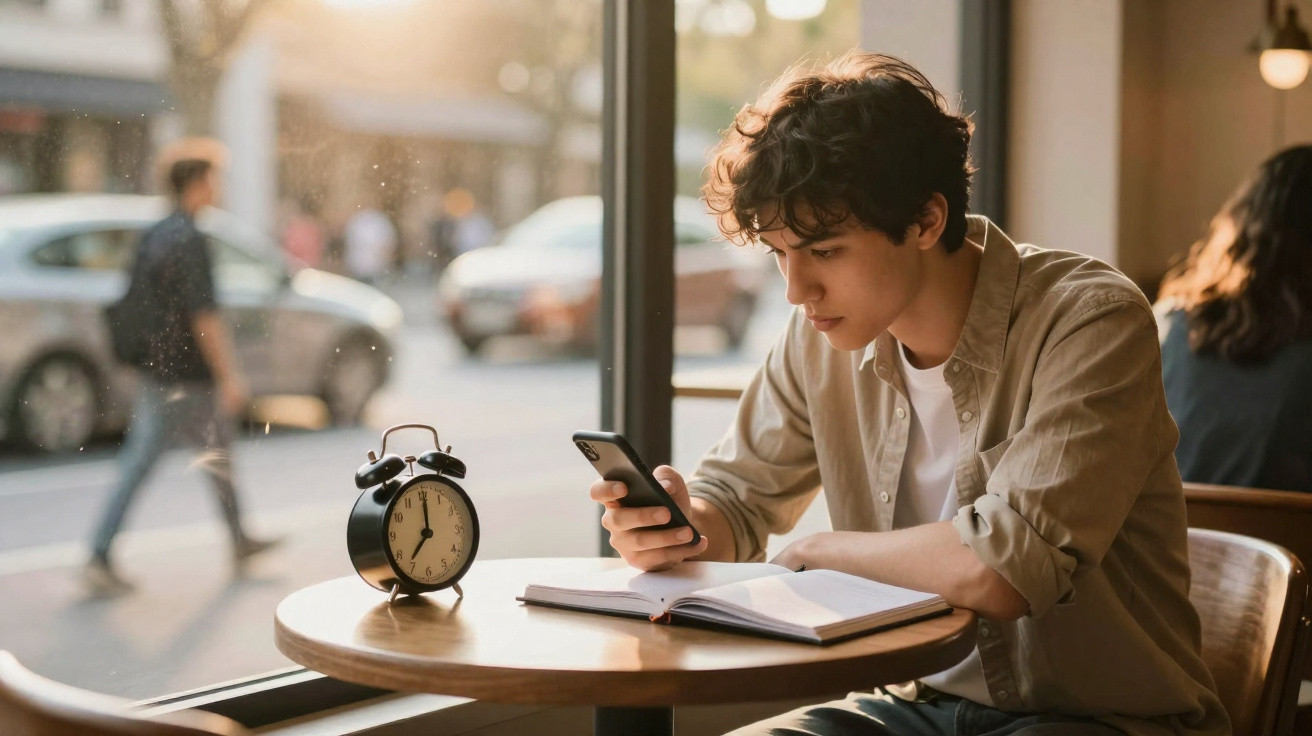 Jovem sentado em café lendo livro e olhando celular, com relógio despertador na mesa e janela ao fundo.