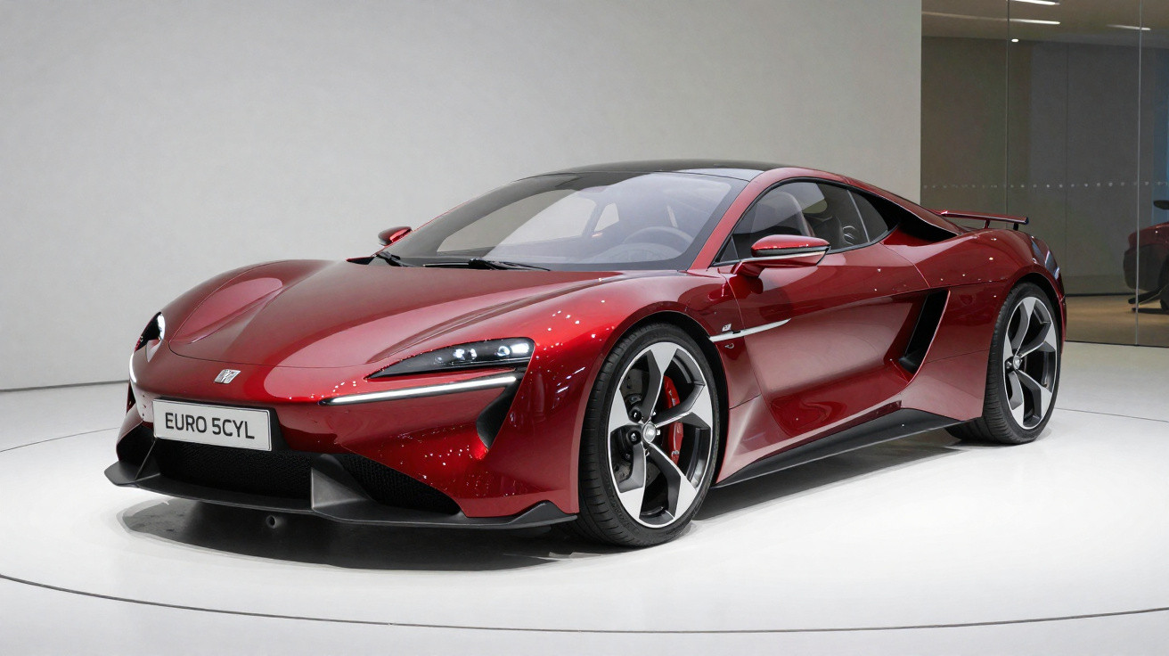 Carro esportivo vermelho metálico com design aerodinâmico exibido em ambiente interno branco.