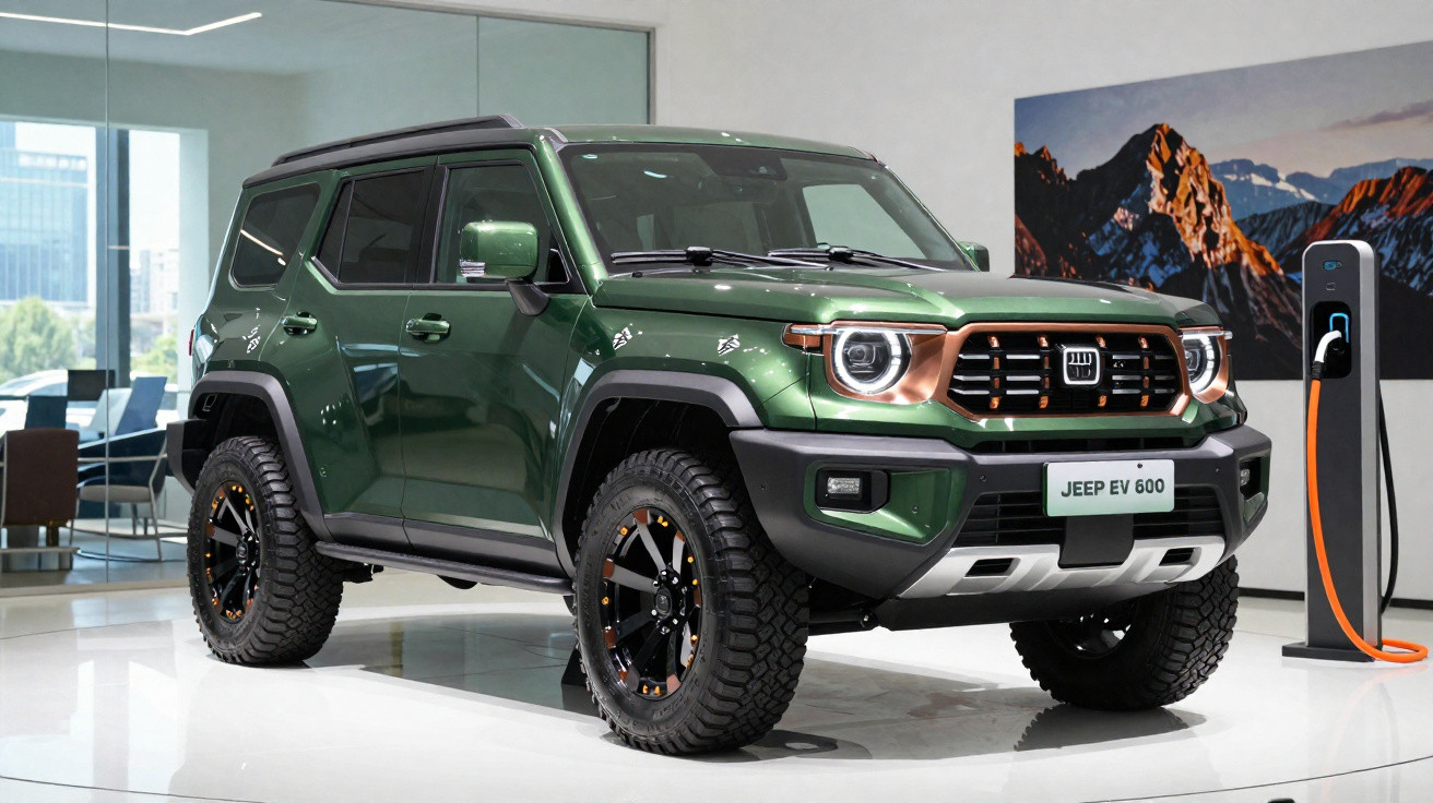 Carro elétrico Jeep EV 600 verde em exibição com estação de carregamento em ambiente interno moderno.
