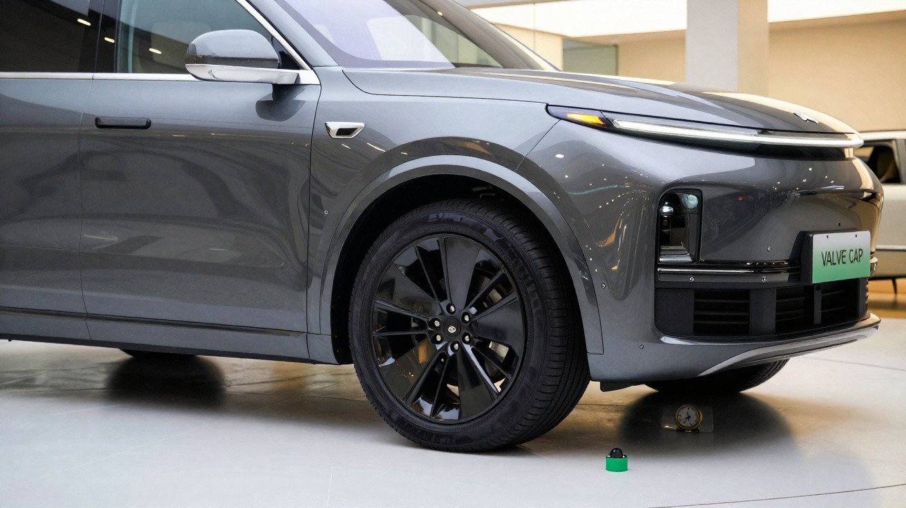 Carro elétrico cinza com rodas pretas e design moderno exibido em ambiente interno.