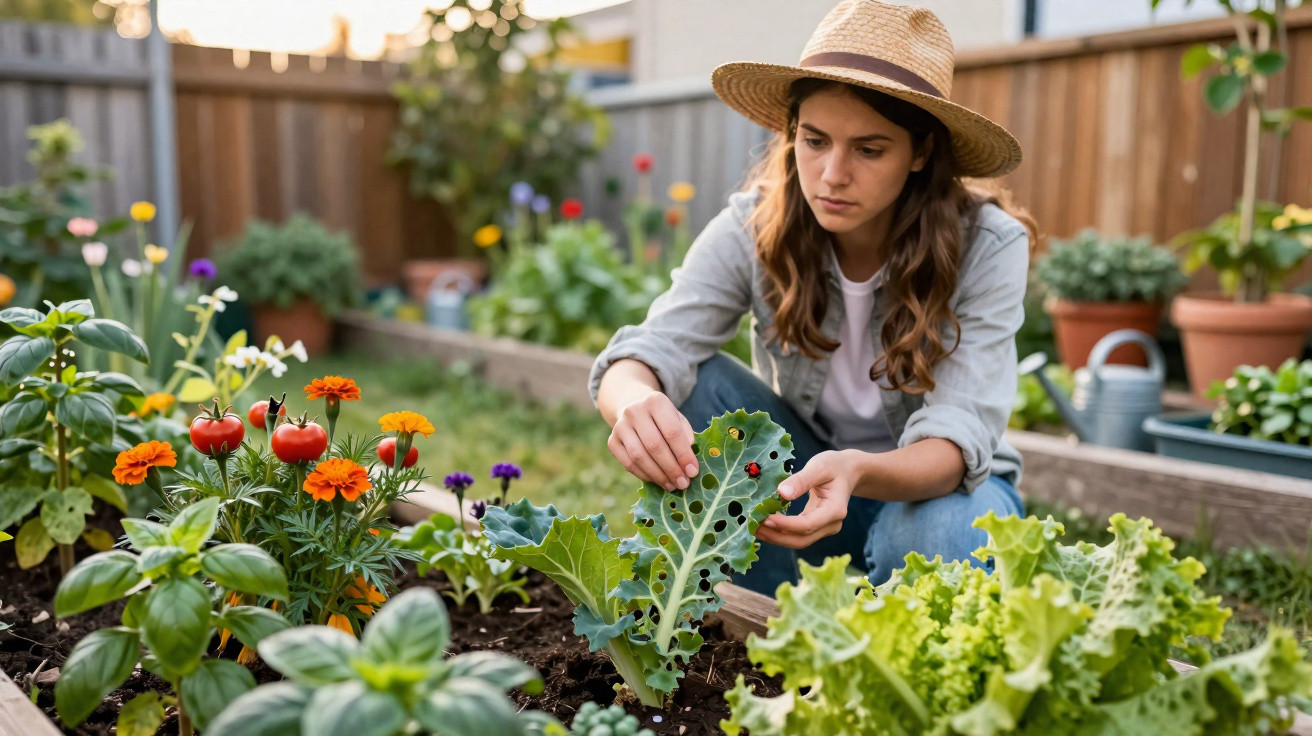 Jovem mulher com chapéu cuidando de plantas em horta caseira com verduras e flores coloridas.