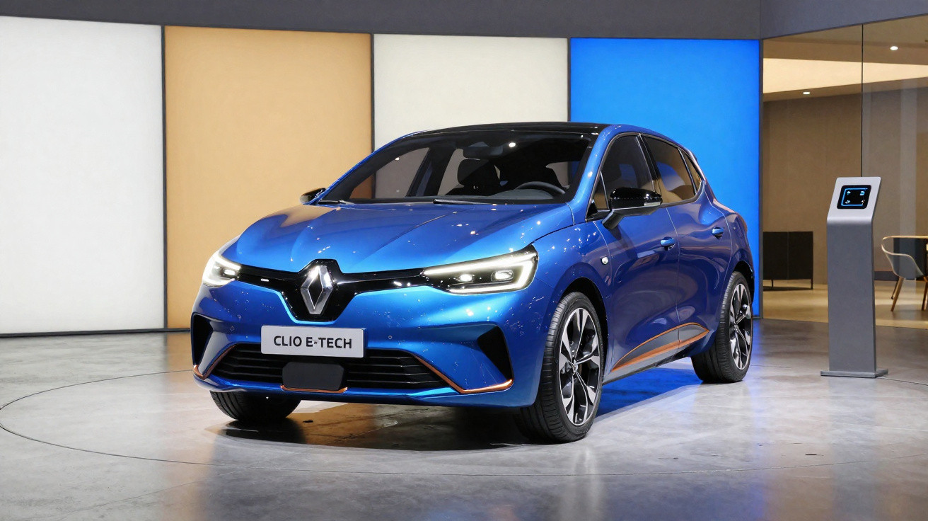 Carro azul Renault Clio E-Tech elétrico em exibição em ambiente interno moderno.