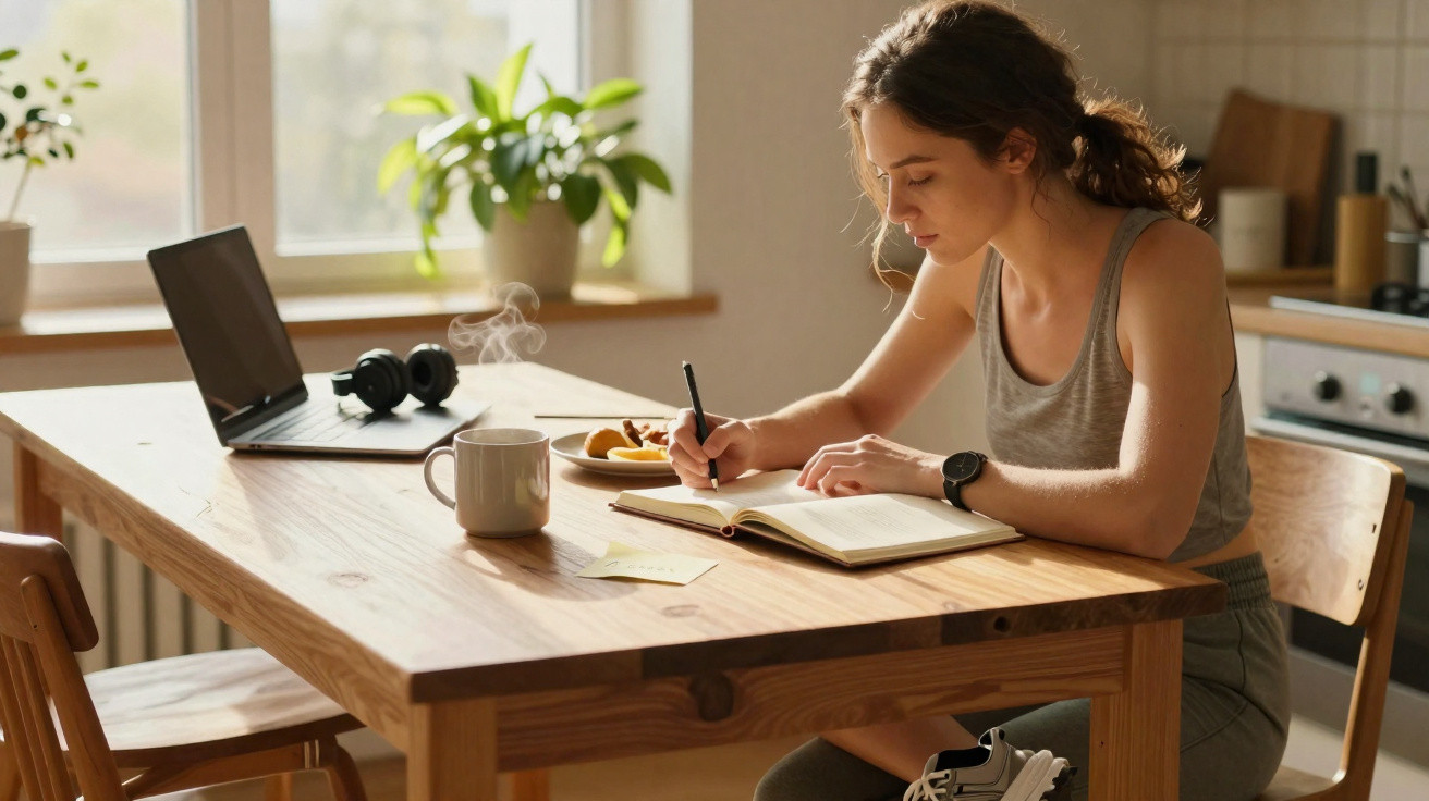 Mulher jovem escrevendo em caderno à mesa de madeira com laptop, xícara e prato em ambiente iluminado.