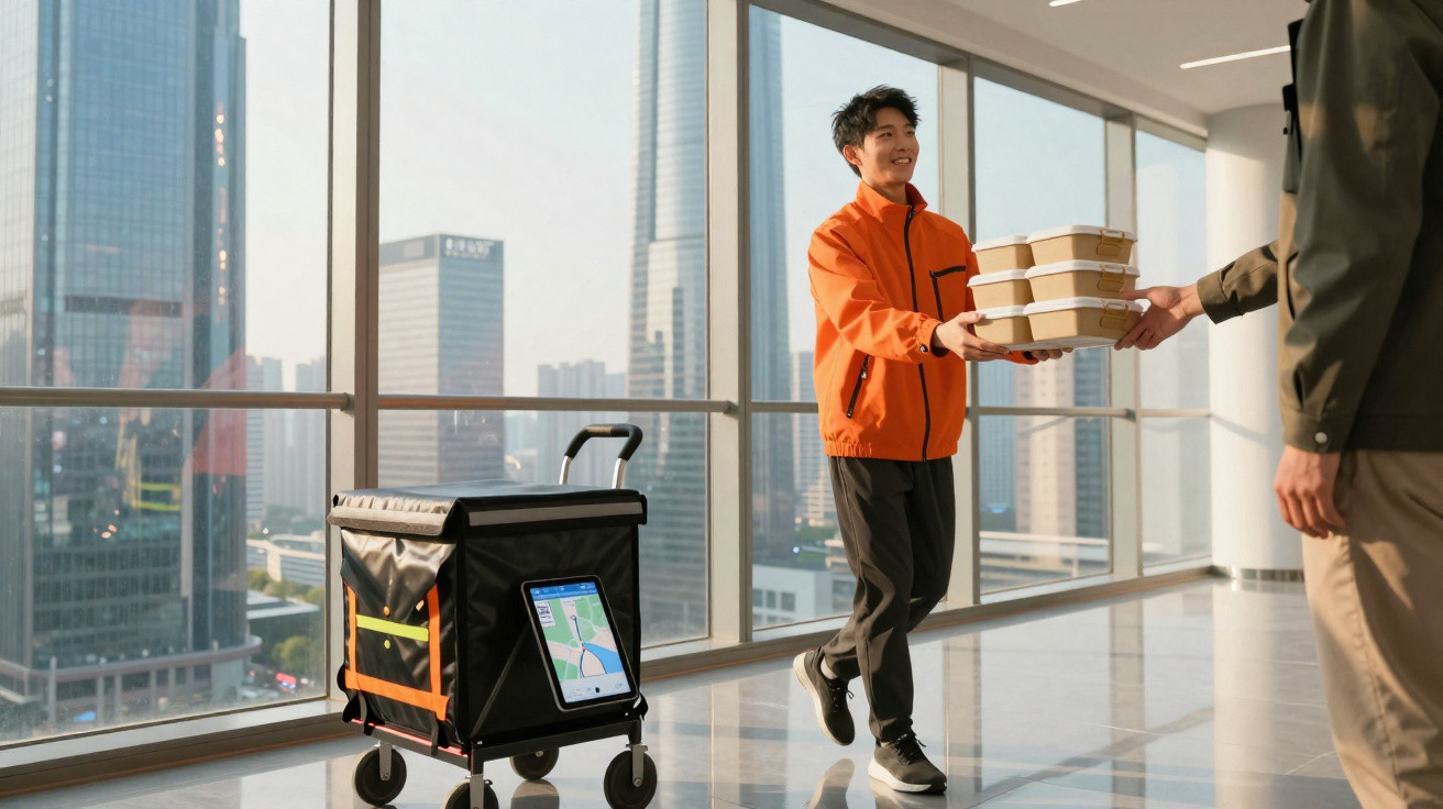 Entregador em uniforme laranja entregando várias caixas de comida em ambiente moderno com prédios ao fundo.
